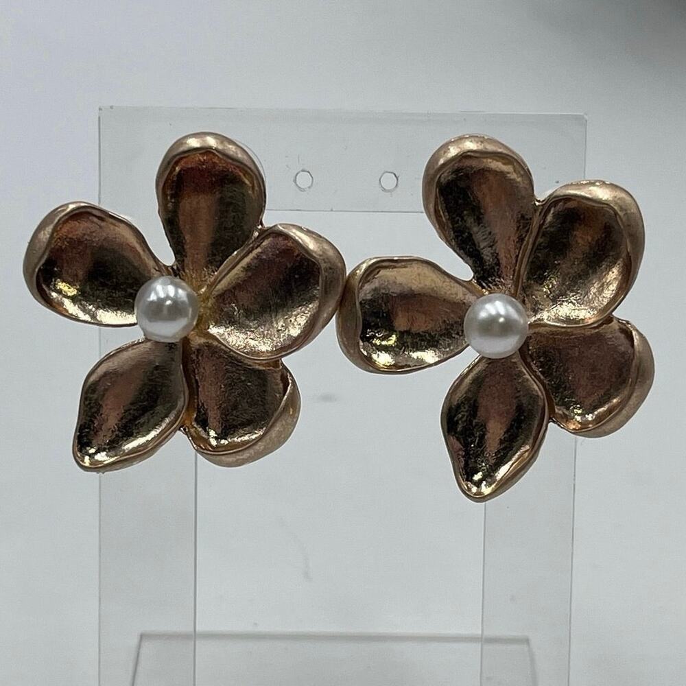 Designer Signed Gold Plated Blossom Flower White Pearl Stud Earrings